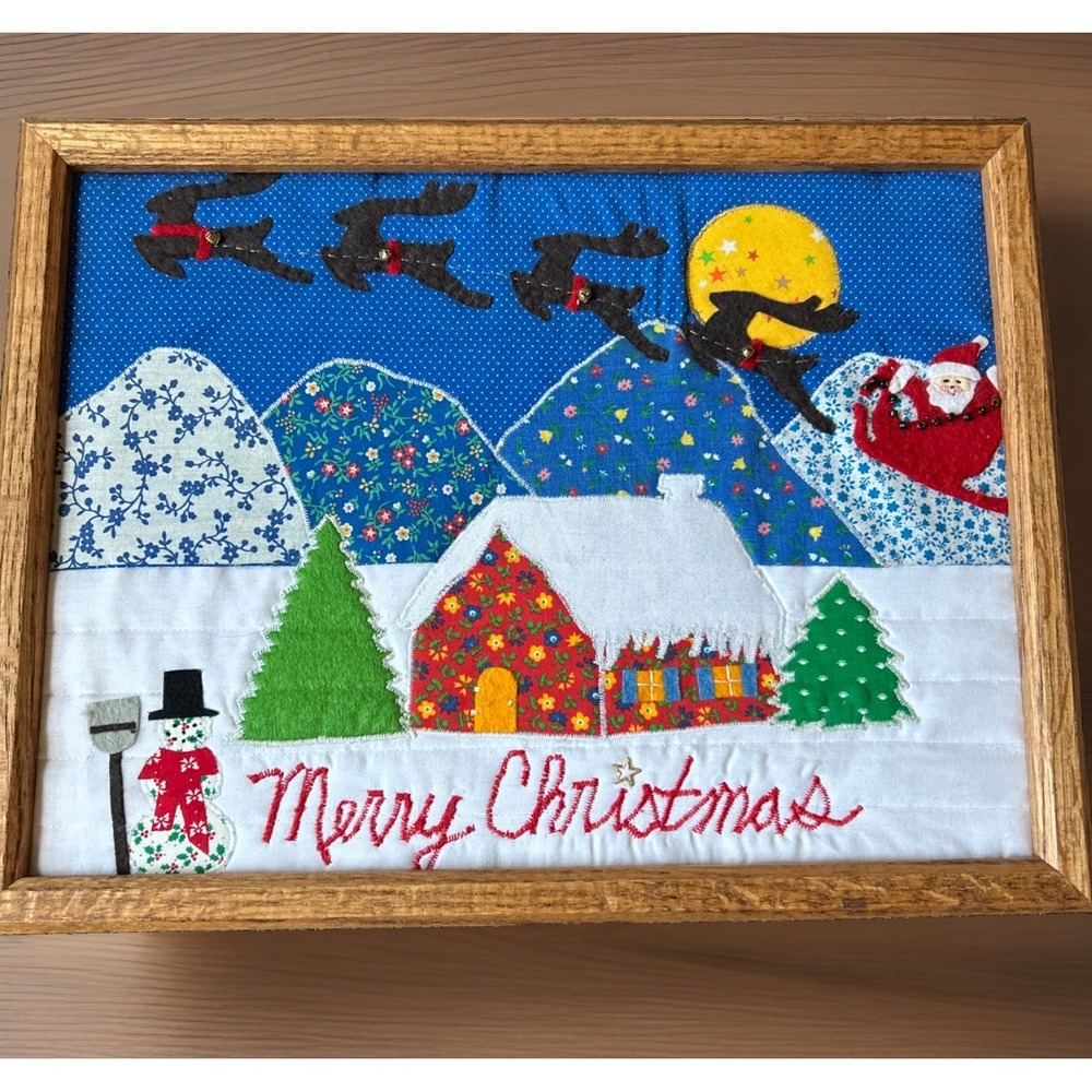80s Handmade Quilted Merry Christmas Holiday Wall Art Wood Framed Appliqué Decor